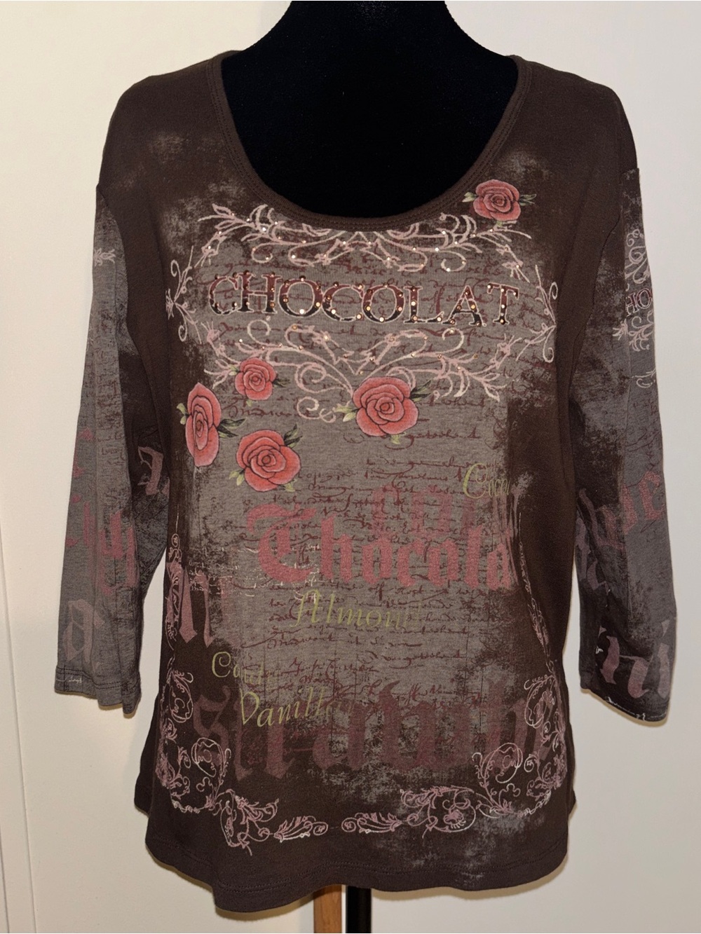 Dressbarn Y2K Chocolate Print Brown Floral Long Sleeve Top 100% Cotton